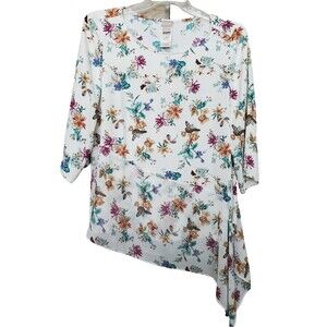 Chico’s Asymmetrical Hem Floral Butterfly Print 3/4 Sleeve 3/4 Slv Tunic 2 (L)